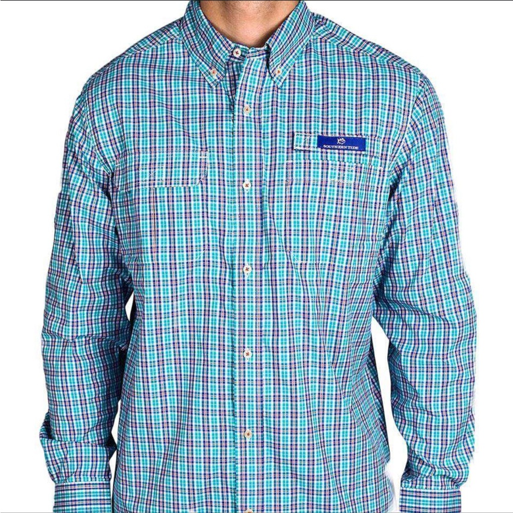 Southern Tide Red Drum Plaid Fishing Shirt in Atlas Green | Medium
